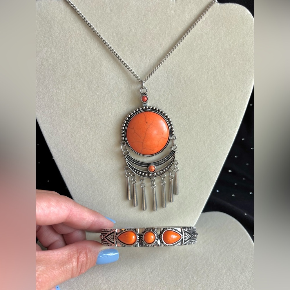 Long Orange Stone Pendant Necklace with Tribal Silver Accents